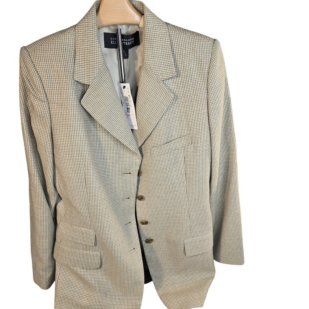 Linda Allard Ellen Tracy Silk Wool Blazer Jacket Beige Houndstooth Size 10